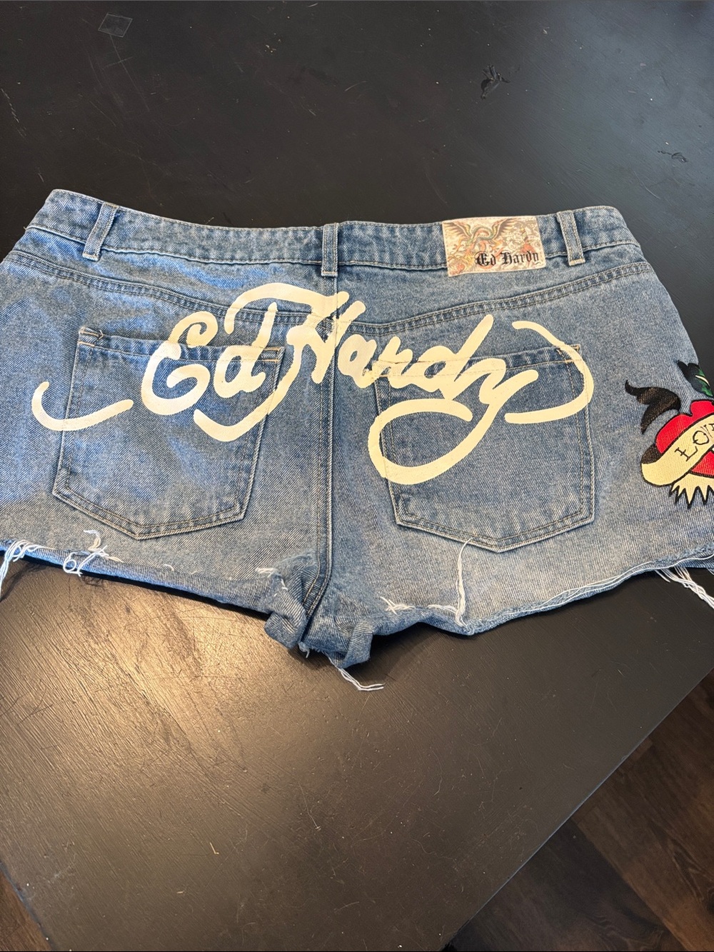 Ed Hardy Light Blue Denim Logo Embroidered Jean Shorts